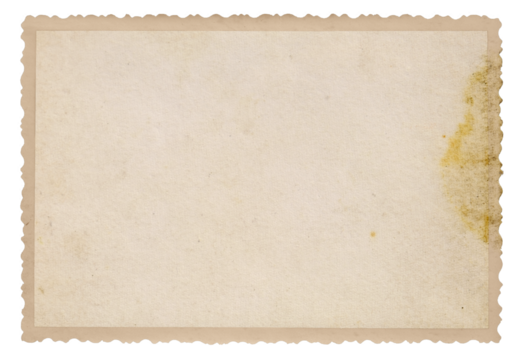 Vintage scalloped edge photo paper with dust, creases, and splatters on transparent background (png image). Useful for design, vintage effects, and backgrounds.	