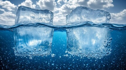 Ice cubes floating in water, bubbles rising, against a sky with clouds