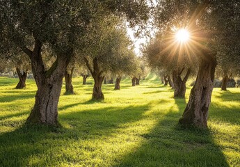 Fototapeta premium Serene Olive Grove Bathed in Golden Light at Sunrise with Sunbeams Glowing Through Green Grass and Tree Shadows Creating a Peaceful Landscape Scene