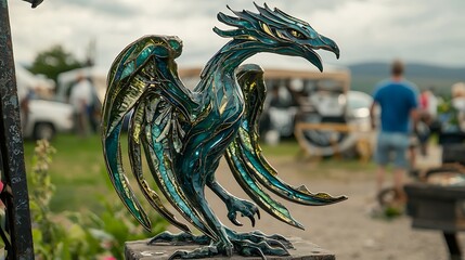 Colorful Metal Dragon Sculpture at Outdoor Art Festival Event