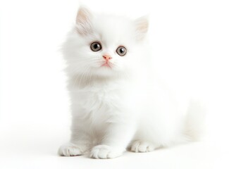 Cute White Kitten Sitting Down Looking at Camera Isolated on White