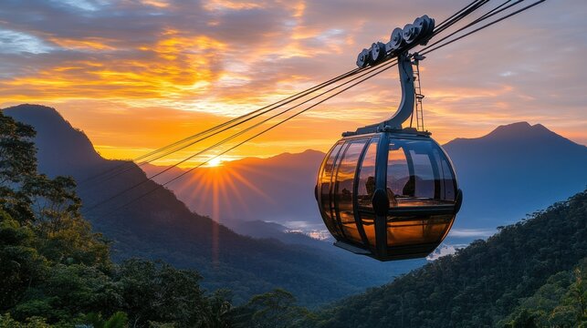 Sunrise cable car ride over misty mountains