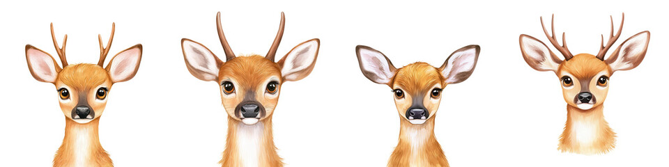Fototapeta premium Cute Cartoon Deer Heads with Antlers in Four Unique Poses