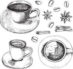 Vector hand drawn outline illustration with set of a coffee mug top view, espresso, cappuccino, cinnamon sticks, anises and coffee beans. Can be used on fabrics and paper products and other.