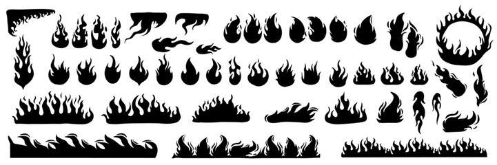 Hand drawn flame silhouette. Black fire silhouette. Hot flaming banners, fire trail, forest fire bonfire. Flat burning elements. Flammable borders vector set