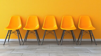 Five bright yellow chairs against a bold orange wall