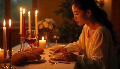 Woman illuminated by warm candlelight enjoys a festive meal at a beautifully set table