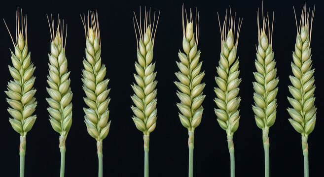 Espigas de trigo verde e verde mostram o crescimento vibrante e o potencial do trigo &agrave; medida que amadurece, destacando a beleza do trigo verde em paisagens agr&iacute;colas e na natureza.