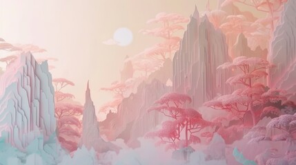 Fototapeta premium The land is covered in misty, pastel-colored forests with floating paper-cut islands and spirit creatures like nine-tailed foxes and glowing butterflies.