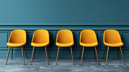 Five bright yellow chairs against teal wall