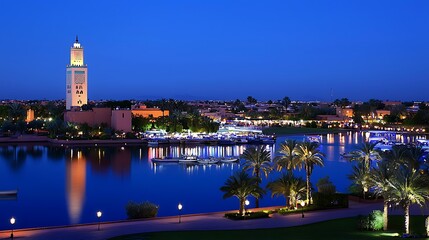 Scenic Night View of Marrakech with Illuminated Buildings and Water