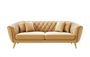 Obraz premium Elegant Beige Velvet Sofa with Diamond Tufting and Accent Pillows
