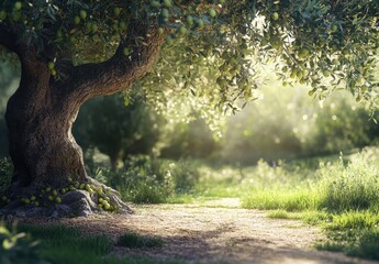 Serene Olive Tree in Sunlit Orchard with Lush Greenery and Warm Light Highlighting Nature's Beauty and Tranquility in a Peaceful Setting