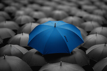 Unique blue umbrella stands out among black ones