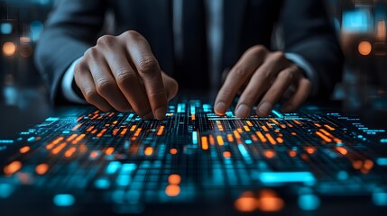 Business professional engaged in digital financial planning abstract network background illustration