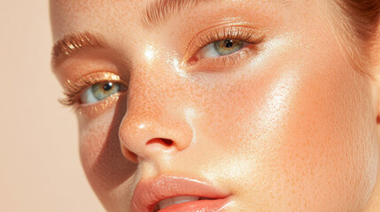 Close up of a woman's radiant skin and bright eyes with natural makeup highlighting freckles