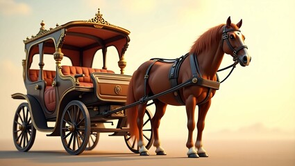 Elegant horse-drawn carriage stands ready for a historic ride through a peaceful countryside at sunset