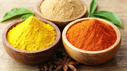 Colorful Spices in Wooden Bowls on Rustic Wooden Table Surface