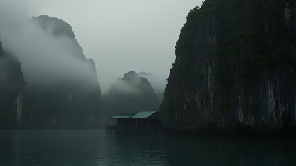 Foggy Limestone Cliffs and Serene Waters at Ha Long Bay, Vietnam