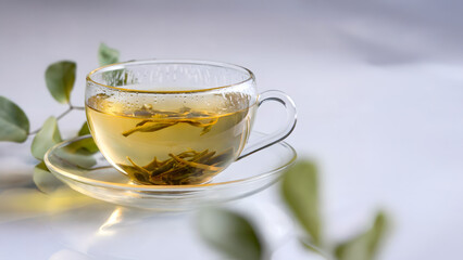 A glass teacup filled with vibrant yellow-green herbal tea rests on a delicate glass saucer, offering a bright, soothing sip in a fragile glow