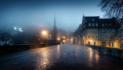 Obraz premium AI generated image of Bern at night with fog