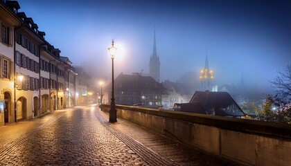Obraz premium AI generated image of Bern at night with fog