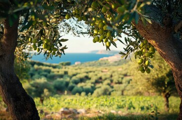 Fototapeta premium Serenity in Nature: Olive Trees Overlooking the Tranquil Sea and Lush Vineyard Landscape under Bright Blue Sky
