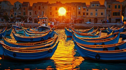 Colorful Fishing Boats at Sunset in Coastal Harbor