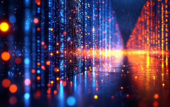Abstract digital space with glowing dots and lines in blue and orange