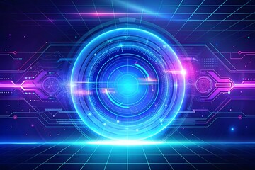 A futuristic digital gateway opening to a vibrant world of technological possibilities, glowing with electric blue and purple hues on a dark background.