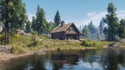 Fototapeta premium A wooden cabin is placed beside a reflective lake