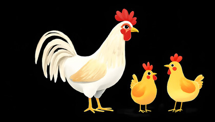 Watercolor illustration, print, white chicken with two yellow chickens on black background, minimalism