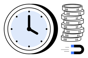 Large clock, stack of coins, and magnet pulling toward coins representing time efficiency, wealth, productivity. Ideal for finance, success, business, strategy goal setting flat simple metaphor