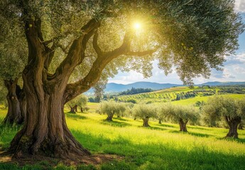 Sunlight Filtering Through Olive Trees in Lush Green Landscape with Rolling Hills and Vibrant Blue Sky