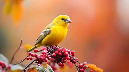 Obraz premium Gorgeous yellow bird on red berries with autumn colors around