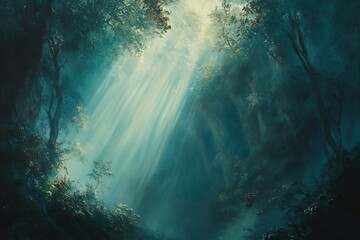 Fototapeta premium Early glow in gorge forms a spellbinding second surpassing everyday world with a soft blend of beams and haze revealing ravine’s charming essence 