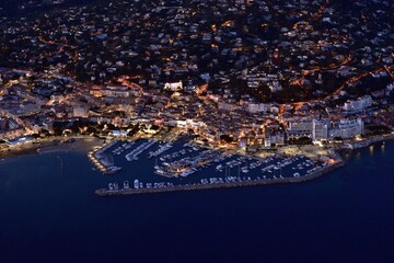 Port of Sainte Maxime, in the South of France. Picture taken from an airplane at sunset
