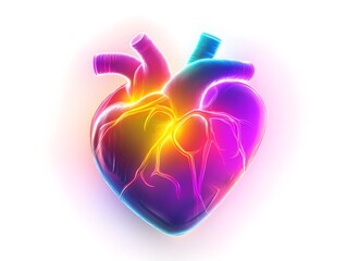 A neon heart pulsing with rainbow energy waves. 3D animation, white background transparency. 