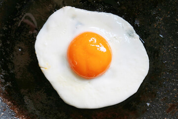Top view of a sunny side up egg being fried in a pan