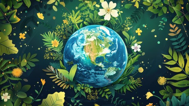 Earth day World Environment Day A vibrant Earth illustration encircled by plants, trees, and flowers to represent biodiversity