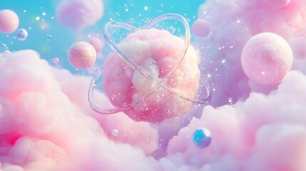 Pink Cloud Orbiting Sphere in Pastel Sky