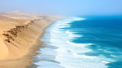 Serene Coastal View of Sandy Dunes and Turquoise Ocean Waves