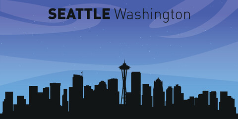 Fototapeta premium a silhouette of a city skyline with the text “Seattle, Washington” in the upper part.