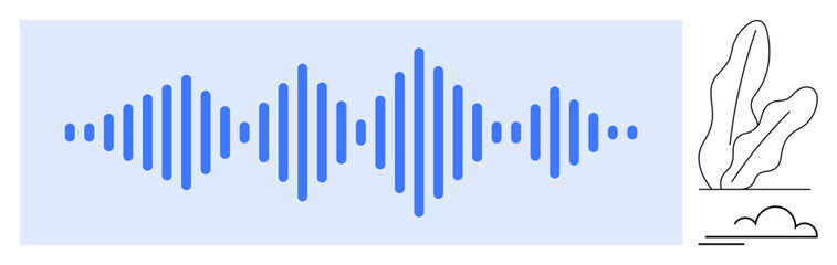 Blue soundwave graphic centered on a light background flanked by minimalistic sketches of a plant and cloud. Ideal for audio, technology, sound, communication, design, visualization, flat simple