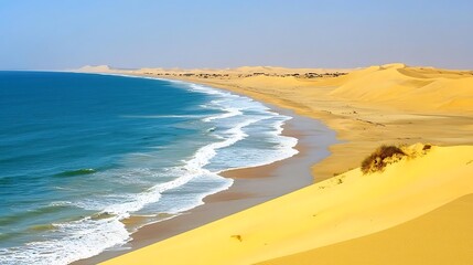 Expansive Desert Meets Tranquil Ocean Along Sandy Shoreline