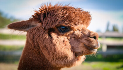 Fototapeta premium Portrait of cute brown alpaca, farm animal.
