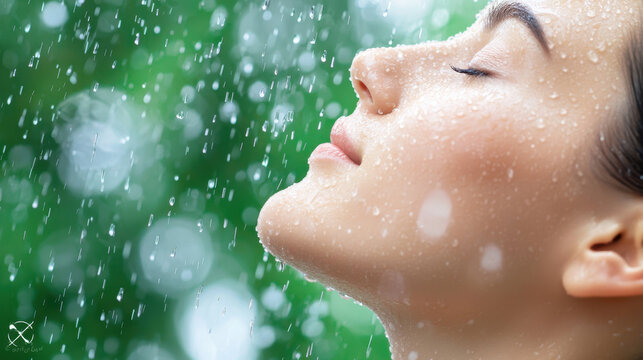 serene close up shot of woman enjoying refreshing rain, with droplets glistening her skin, evoking sense of tranquility