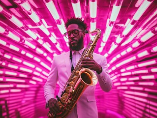 Fototapeta premium Saxophonist in Pink Light