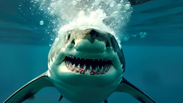 A menacing great white shark swims directly towards the camera in clear blue water. Concept of underwater predator.