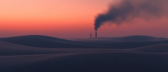 Obraz premium Industrial Smoke Pollution Over Rolling Hills at Sunrise